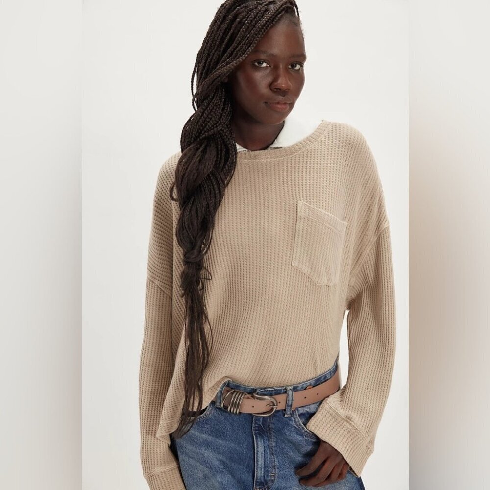 We The Free Tan Waffle Knit Long Sleeve Top Size S Casual Boho Layering